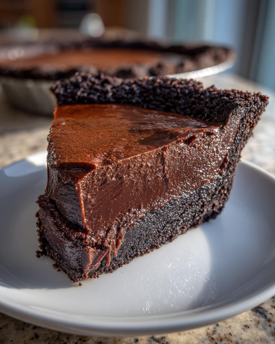 A thick slice of decadent chocolate fudge pie with a dark crumb crust, served on a white plate.