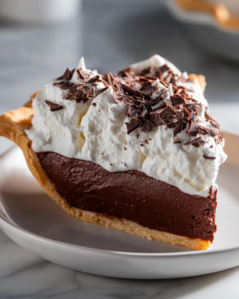 A close-up of a decadent slice of french silk pie featuring a dark chocolate filling, topped with whipped cream and chocolate shavings.