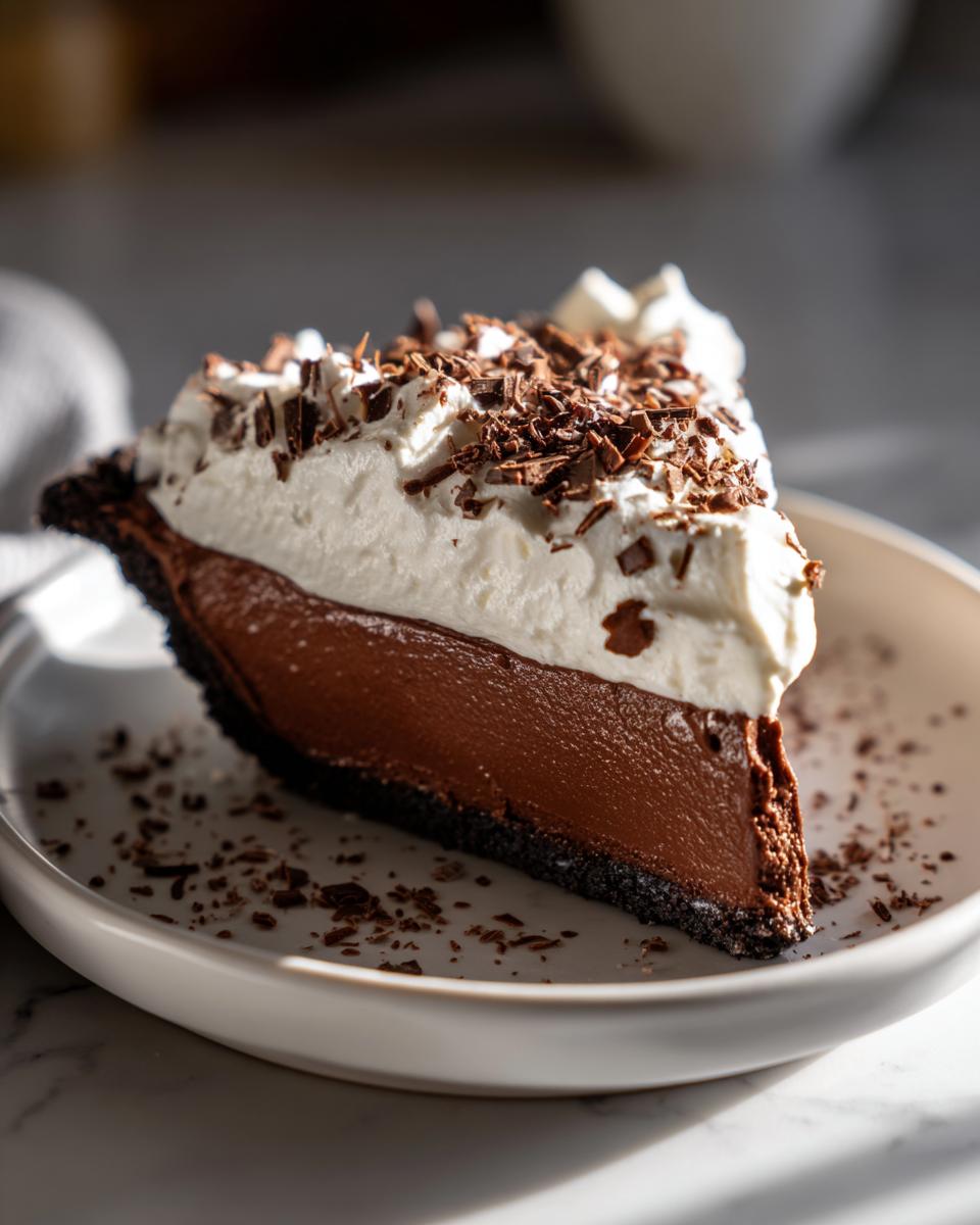 A decadent slice of french silk pie featuring a dark chocolate filling, chocolate crust, and topped with whipped cream and chocolate shavings.