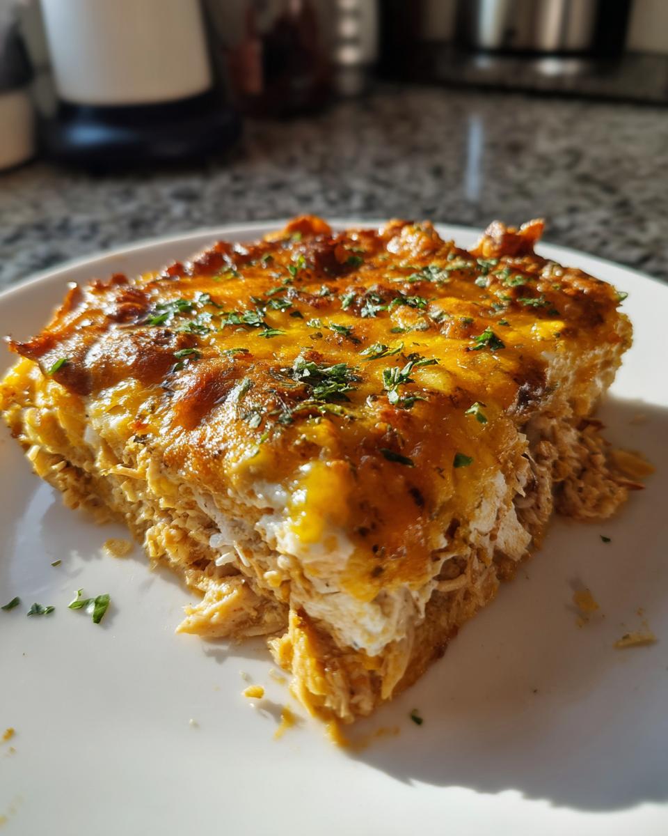 A close-up slice of baked fajita chicken casserole featuring shredded chicken, creamy filling, and melted cheddar cheese topping garnished with parsley.