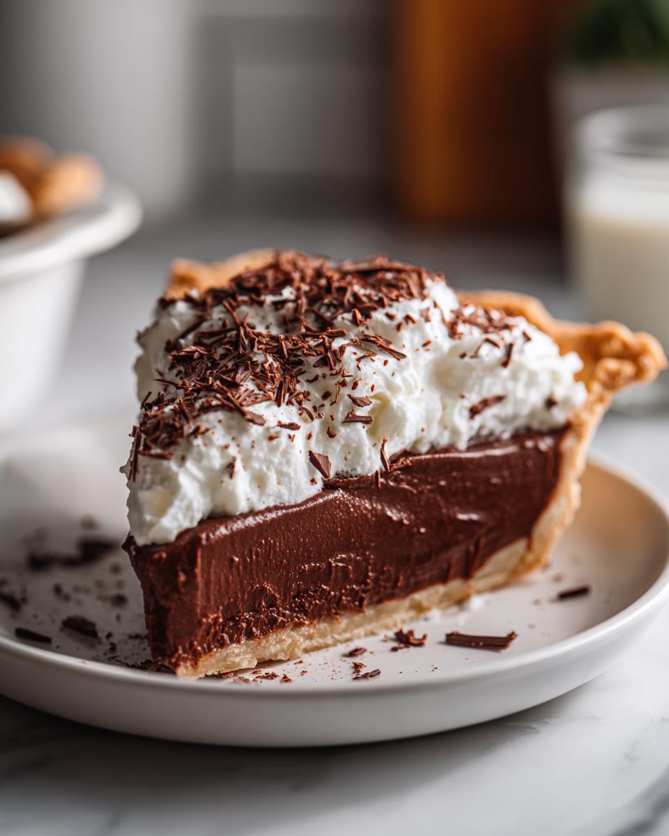 A decadent slice of french silk pie featuring a thick chocolate filling, topped with whipped cream and chocolate shavings.