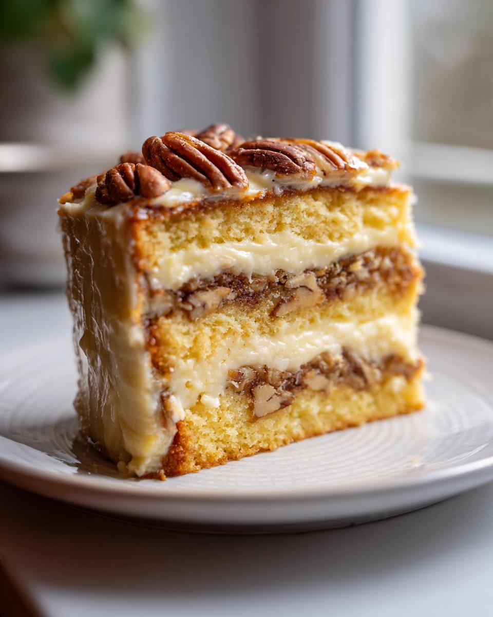 A tall slice of moist sock-it-to-me cake layered with cream cheese frosting and pecan filling, topped with whole pecans.
