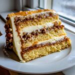 A tall, layered slice of sock-it-to-me cake featuring yellow cake, cream cheese frosting, and pecan filling, served on a white plate.