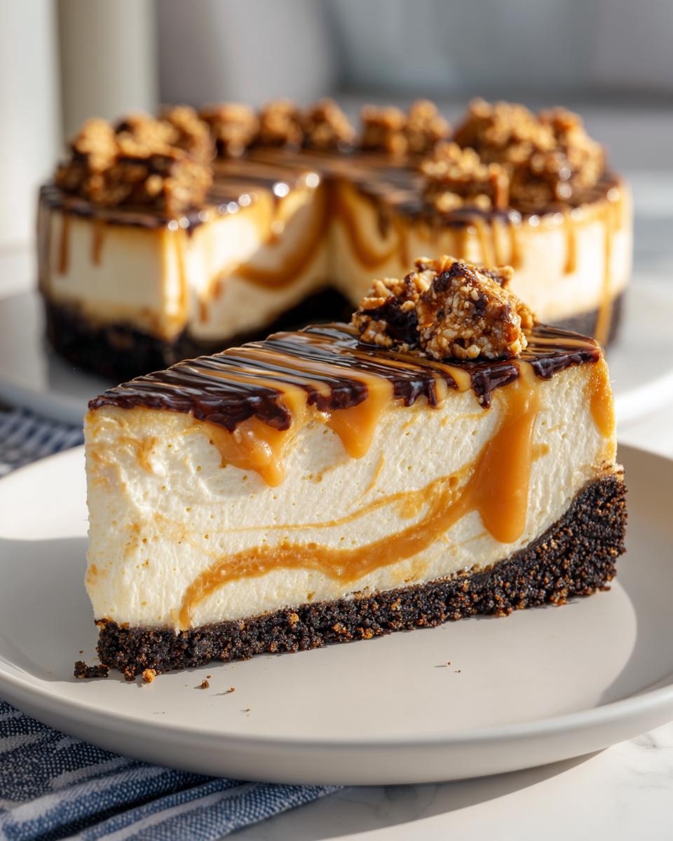 A decadent slice of toffee caramel no bake cheesecake with a chocolate drizzle and crunchy topping.