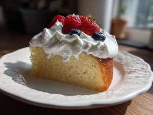 A close-up of a single slice of moist tres leches cake topped with whipped cream, strawberries, and blueberries.