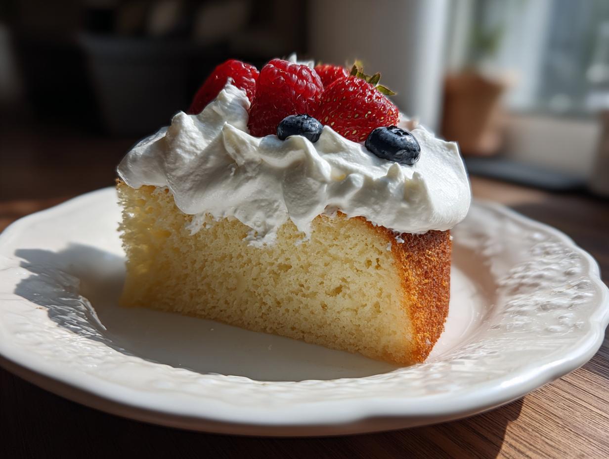 A close-up of a single slice of moist tres leches cake topped with whipped cream, strawberries, and blueberries.