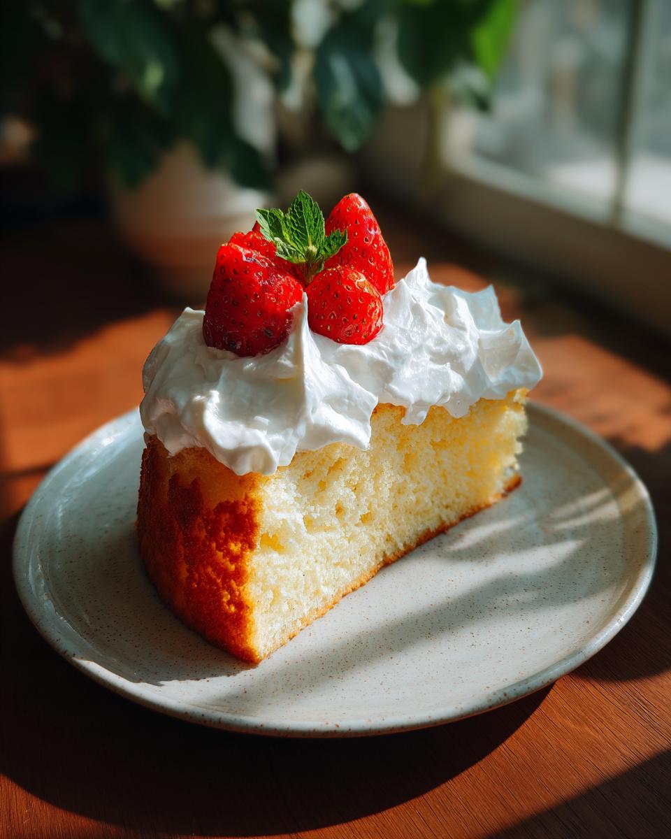 A moist slice of tres leches cake topped with fluffy whipped cream, fresh strawberries, and a mint sprig.