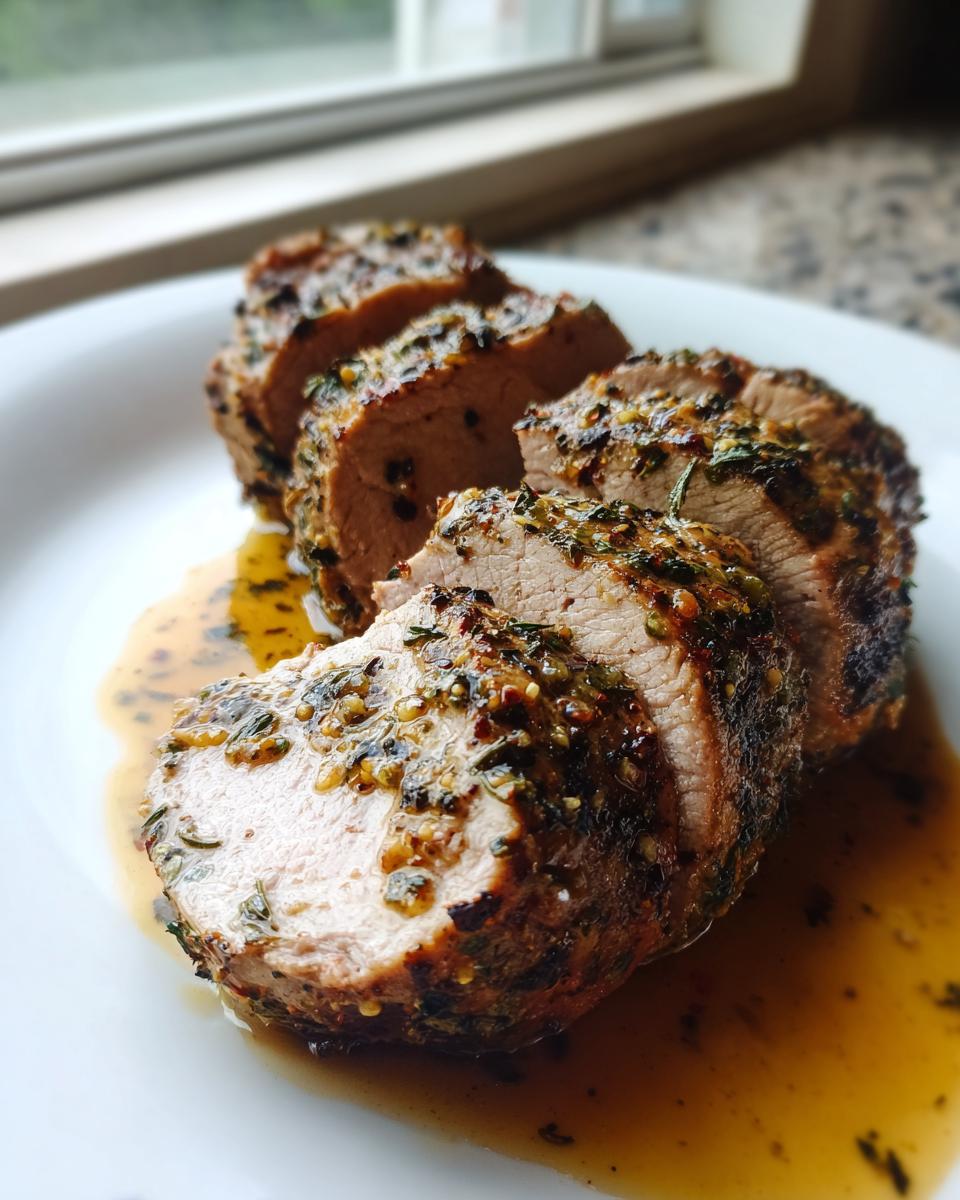 Close-up of sliced, herb-crusted pork tenderloin recipe resting in pan juices on a white plate.