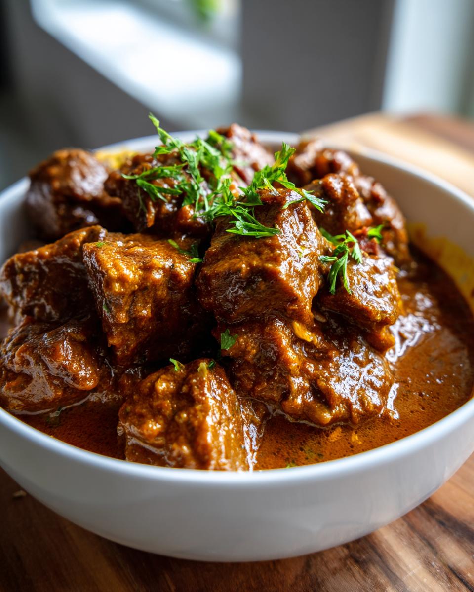 Close-up of tender chunks of slow cooker lamb curry in a rich, brown sauce, garnished with fresh herbs.