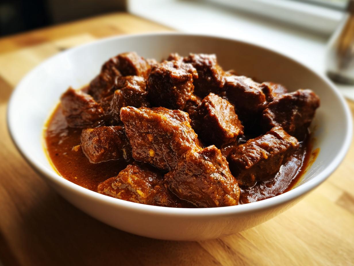 Close-up of tender chunks of slow cooker lamb curry simmering in a rich, dark red sauce in a white bowl.