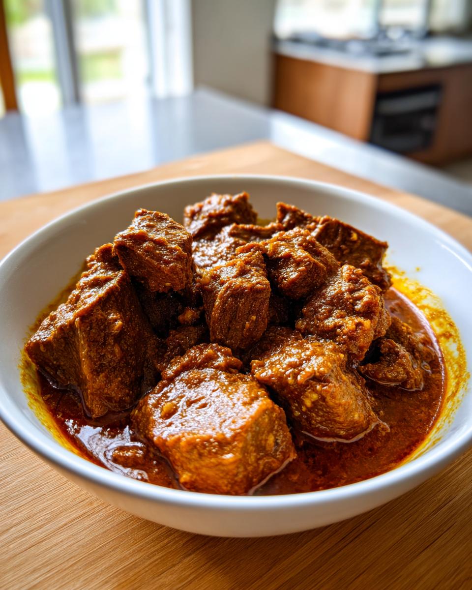 Close-up of tender chunks of meat in a rich, reddish-brown sauce, ready to serve as slow cooker lamb curry.