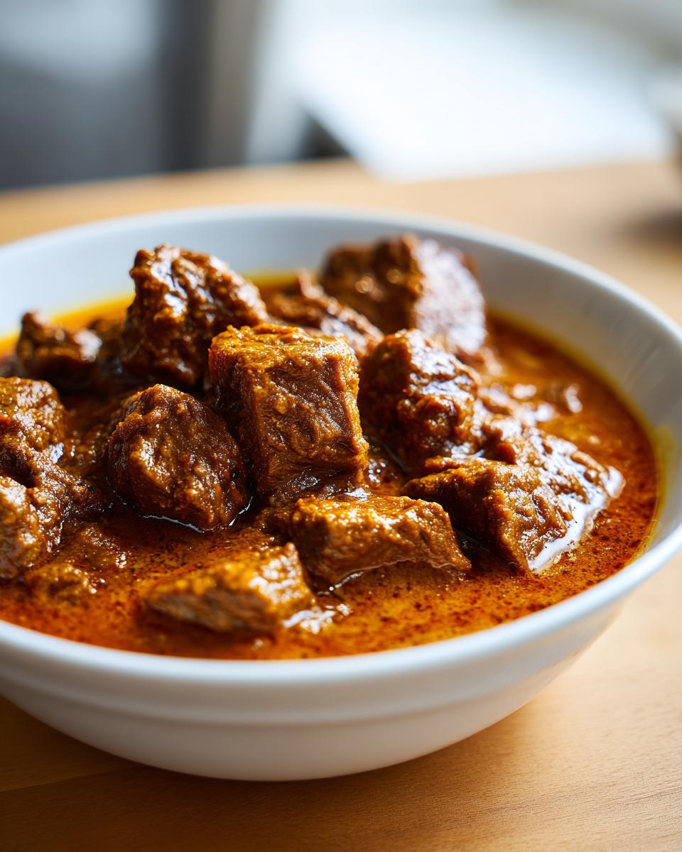 Close-up of tender chunks of meat in a rich, orange-red sauce, representing the slow cooker lamb curry.