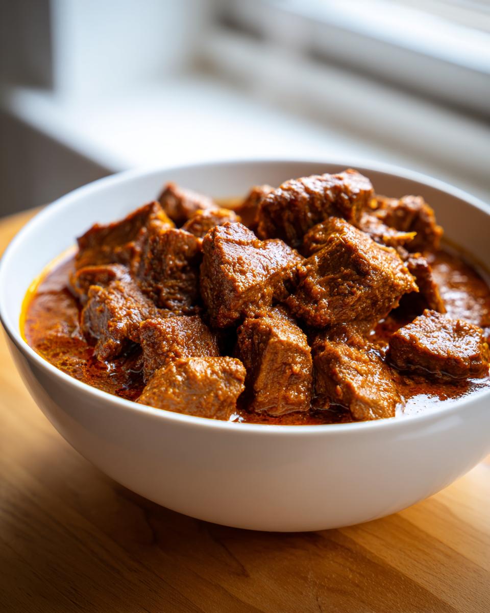 Close-up of tender chunks of meat in a rich, reddish-brown sauce, representing the slow cooker lamb curry.