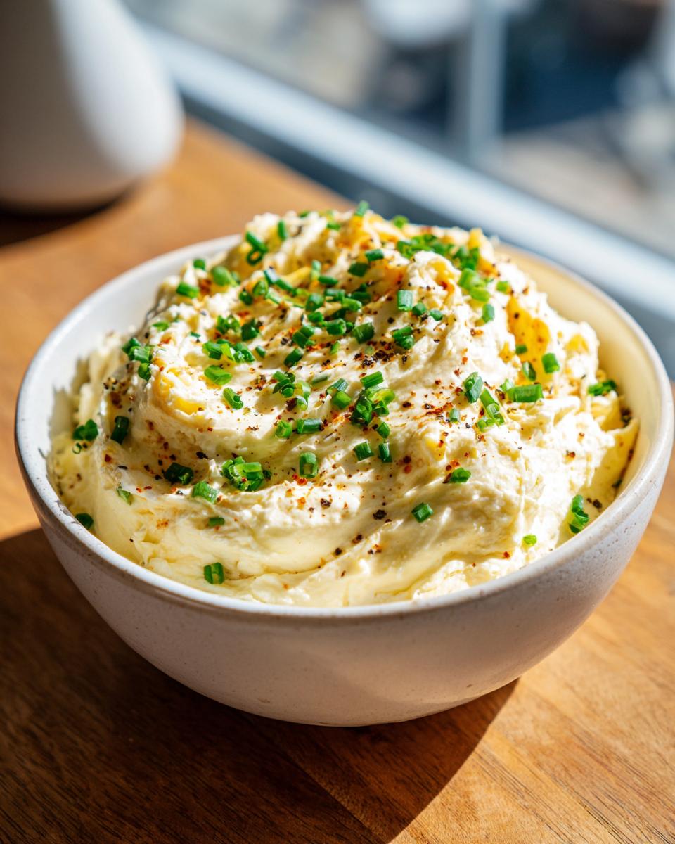 A creamy bowl of homemade smoked cream cheese dip, swirled and topped with fresh chopped chives and cracked pepper.