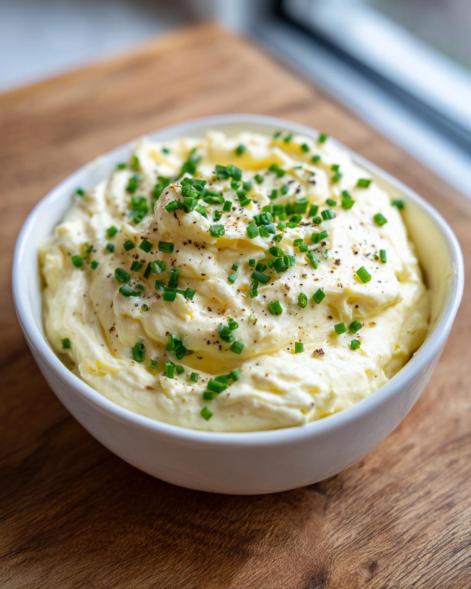 A white bowl filled with fluffy, creamy smoked cream cheese dip, topped generously with fresh chopped chives and black pepper.