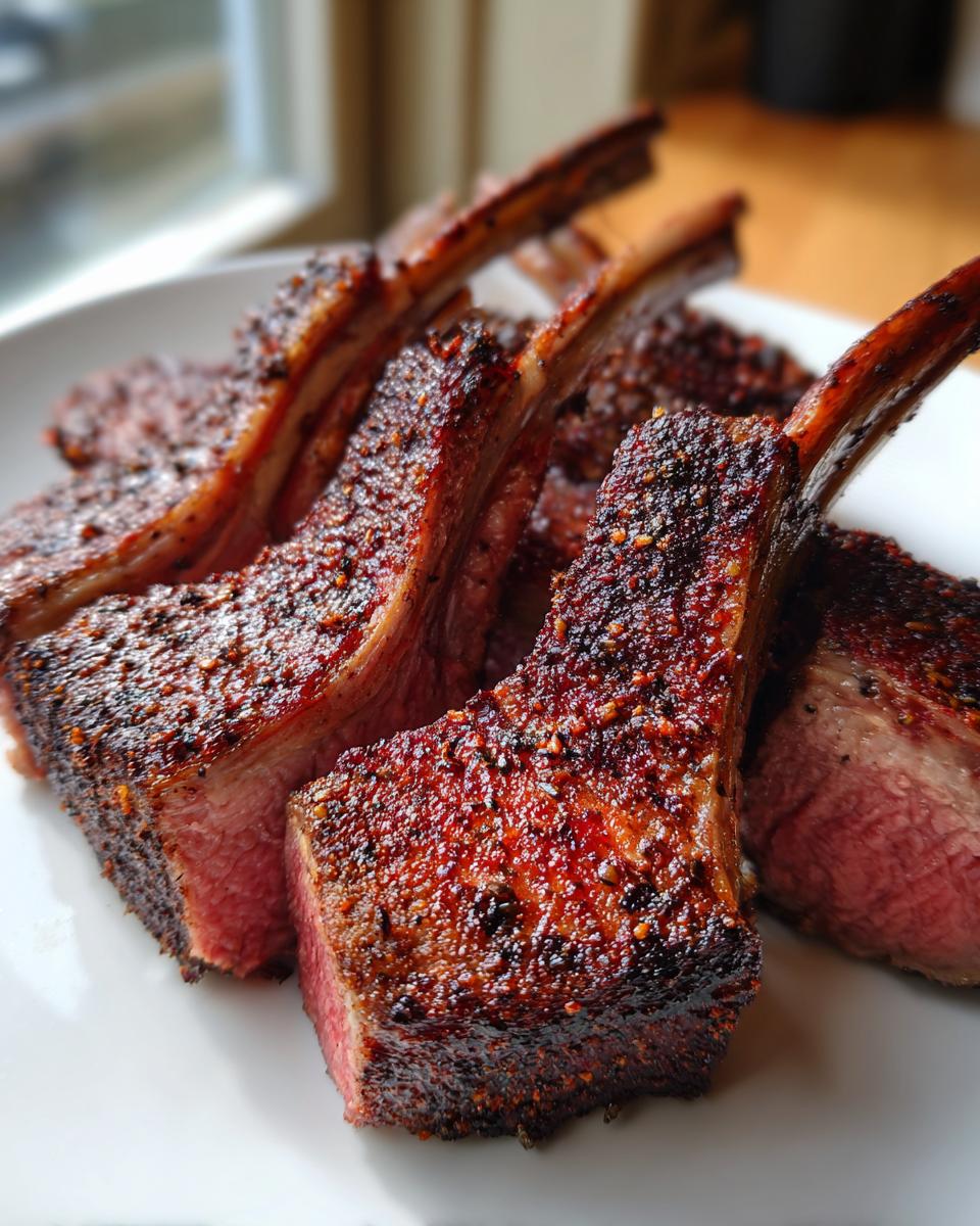 Close-up of perfectly cooked, medium-rare smoked rack of lamb chops with a dark, seasoned crust.