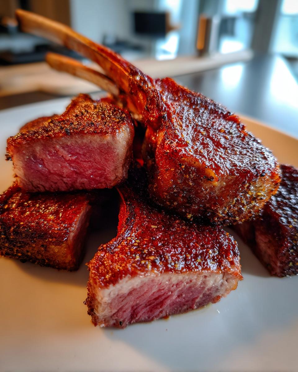 Close-up of perfectly cooked, medium-rare smoked rack of lamb chops, showing a deep red interior and seasoned crust.