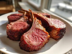 Close-up of perfectly cooked, medium-rare smoked rack of lamb chops resting on a white plate.
