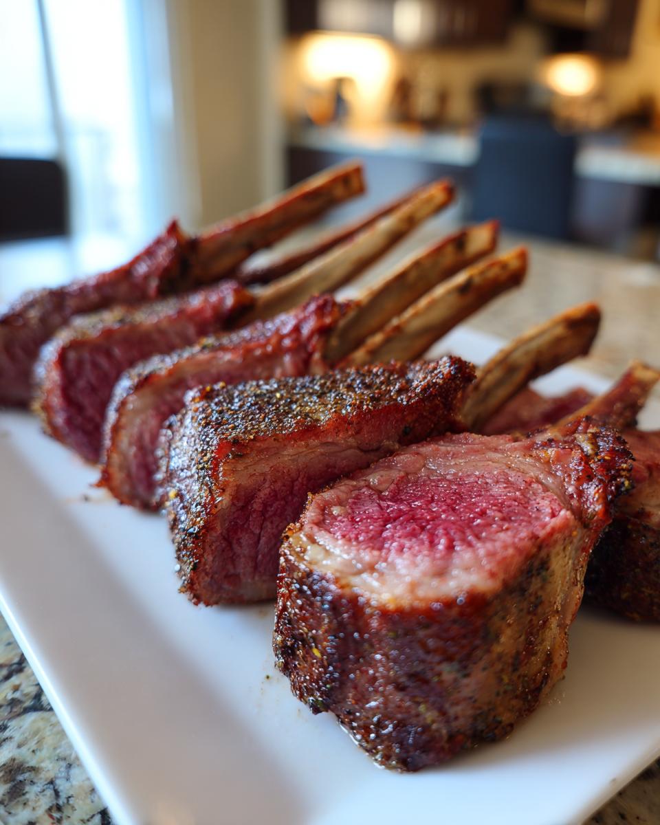 Close-up of perfectly sliced smoked rack of lamb chops showing a rosy pink medium-rare interior and a dark seasoned crust.