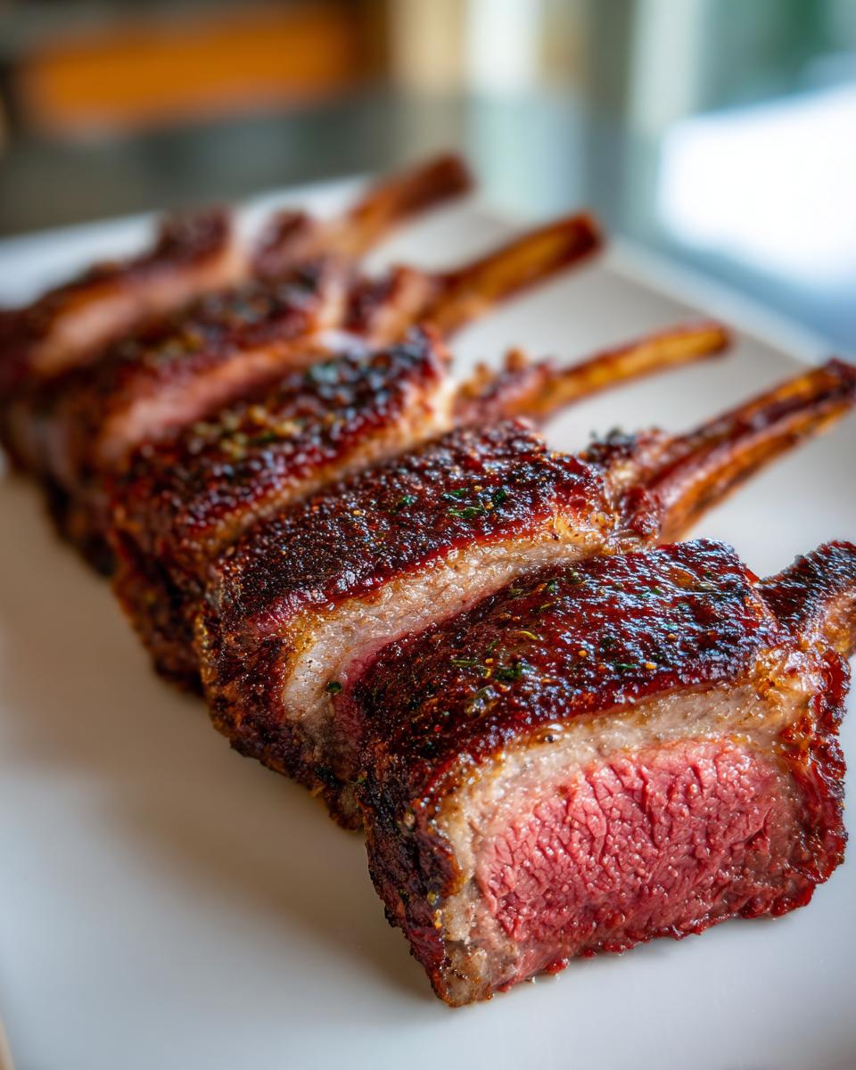 Close-up of perfectly sliced smoked rack of lamb showing a medium-rare pink center and dark, seasoned crust.