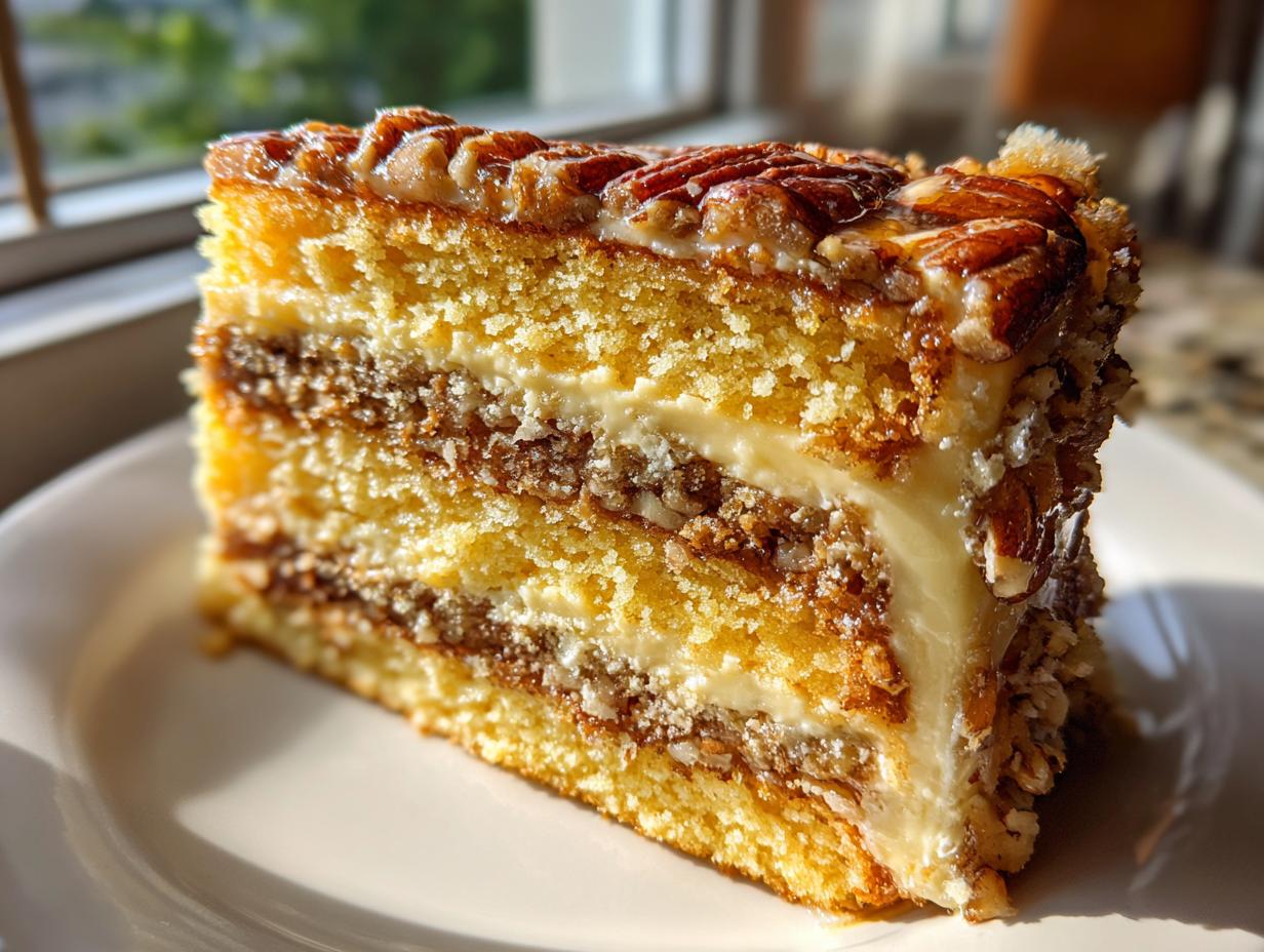 Close-up of a moist slice of sock-it-to-me cake featuring three yellow cake layers, cream filling, and a pecan topping.