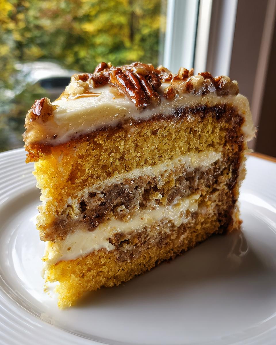 A tall slice of amazing sock-it-to-me cake layered with cream cheese frosting and pecan filling, topped with pecans.