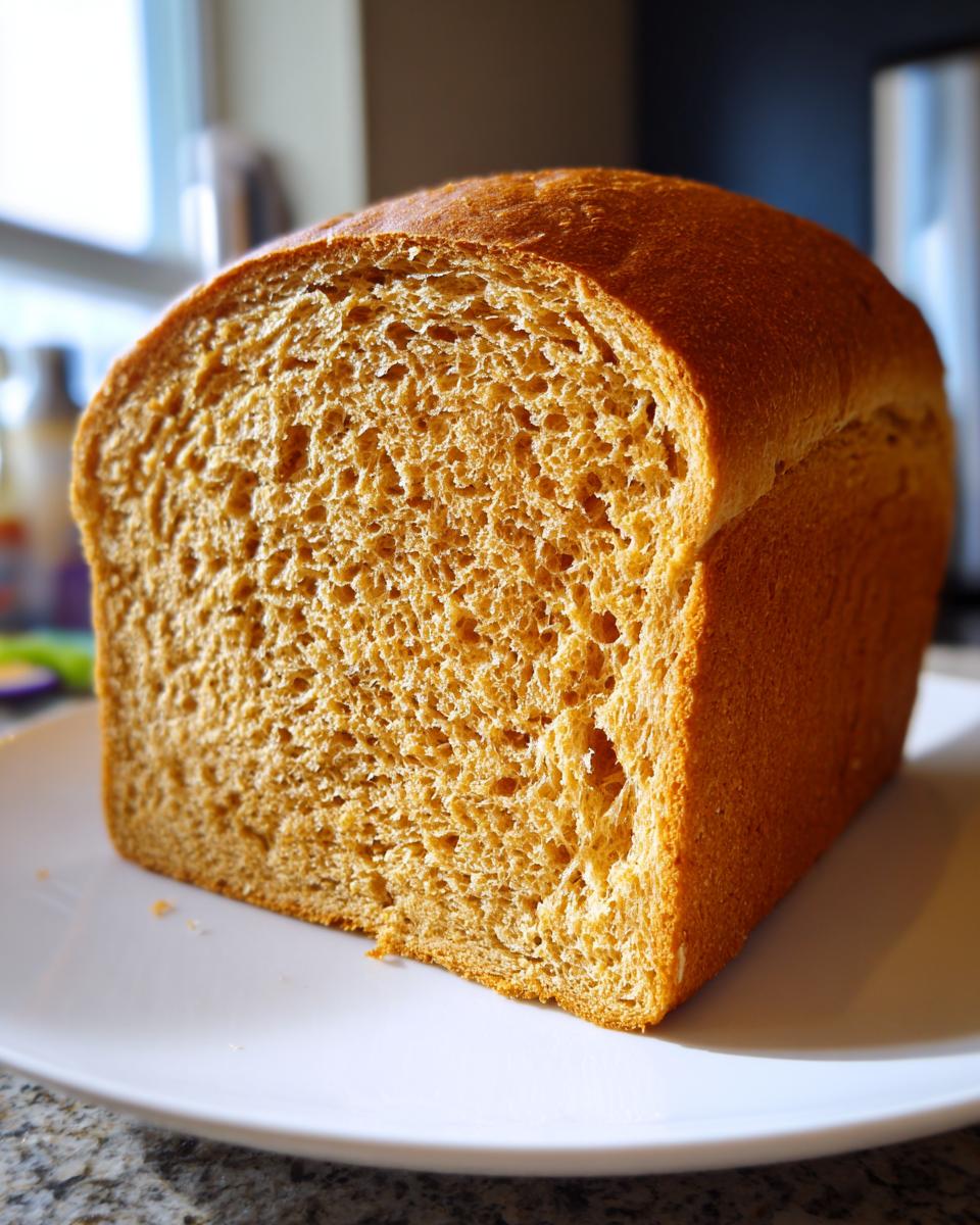 Close-up of a freshly baked whole wheat bread loaf, showing its soft, even crumb texture.