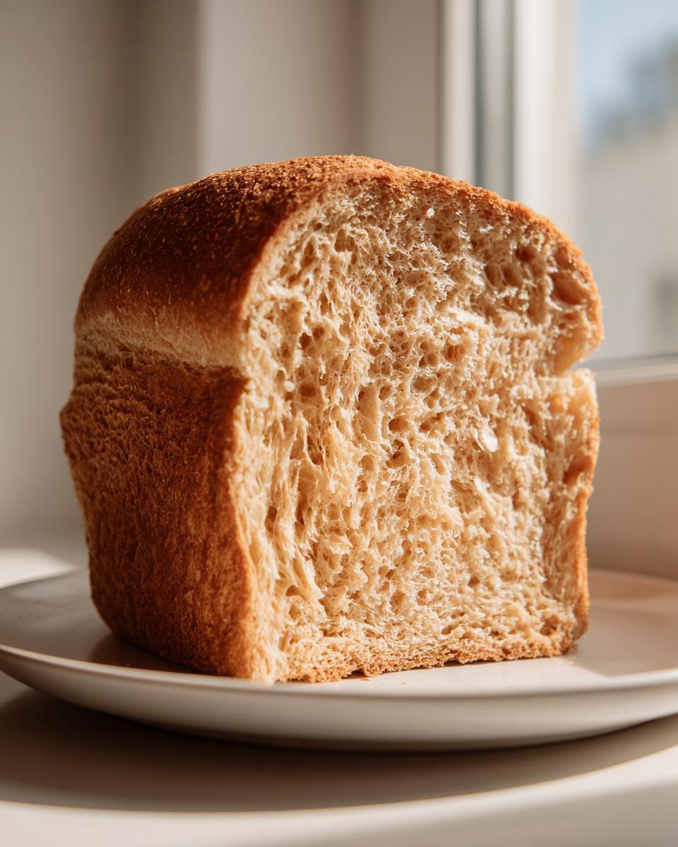 Close-up of a freshly baked loaf of whole wheat bread, showing its soft, airy crumb texture.