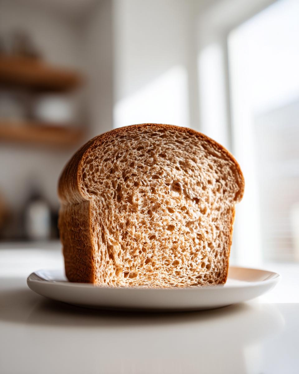 A thick, soft slice of homemade whole wheat bread standing upright on a small white plate.