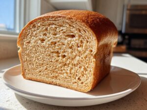 A close-up of a freshly baked loaf of whole wheat bread, showing its soft, even crumb structure.