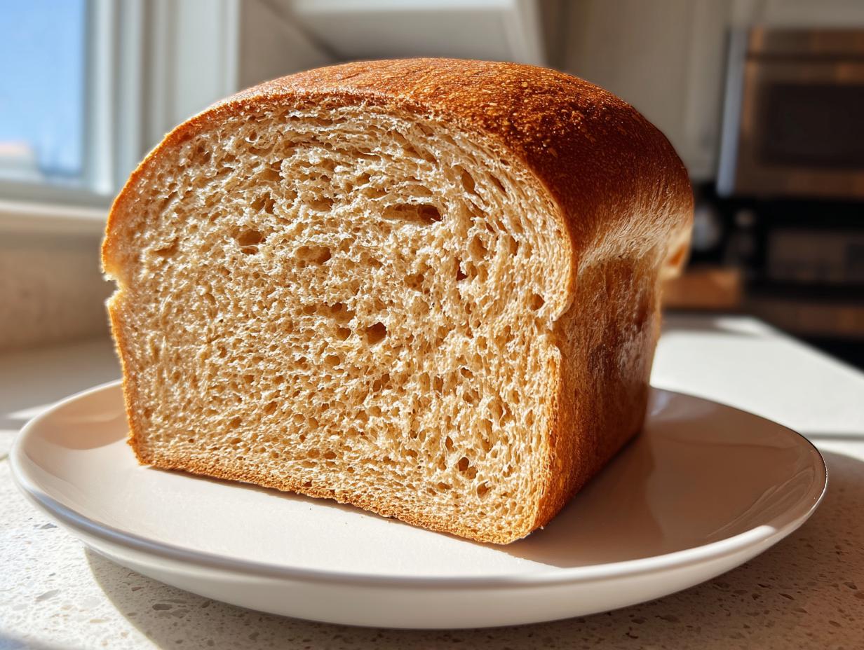 A close-up of a freshly baked loaf of whole wheat bread, showing its soft, even crumb structure.