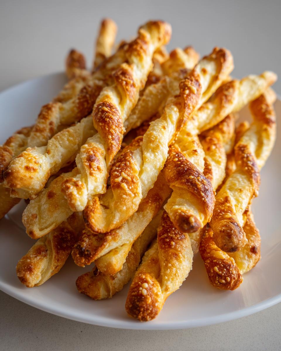 A close-up of a pile of golden brown, twisted sourdough discard breadsticks sprinkled with cheese on a white plate.