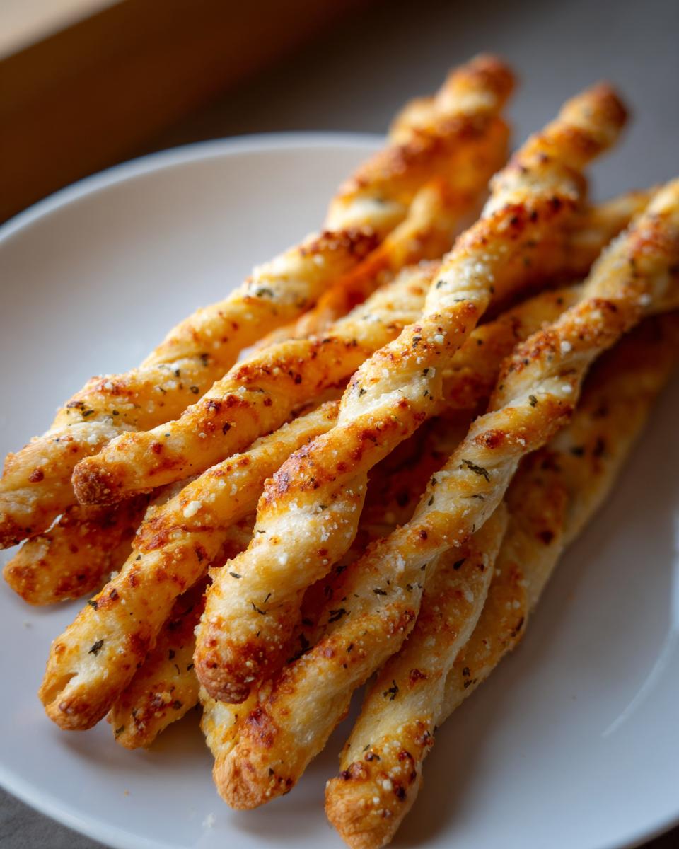 A close-up of several golden, twisted sourdough discard breadsticks seasoned with cheese and herbs on a white plate.