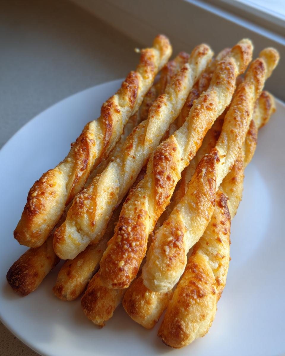 A pile of golden brown, twisted sourdough discard breadsticks topped with melted cheese, resting on a white plate.
