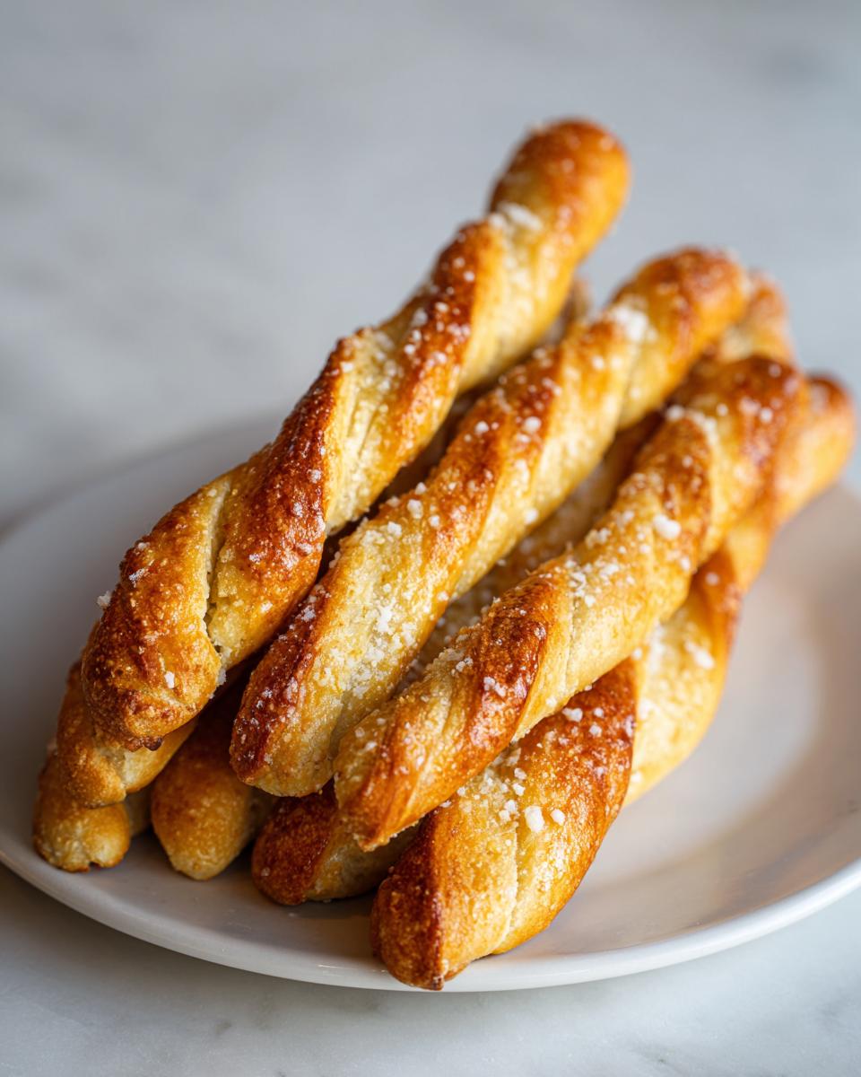 A stack of golden brown, twisted sourdough discard breadsticks sprinkled with coarse salt or cheese.