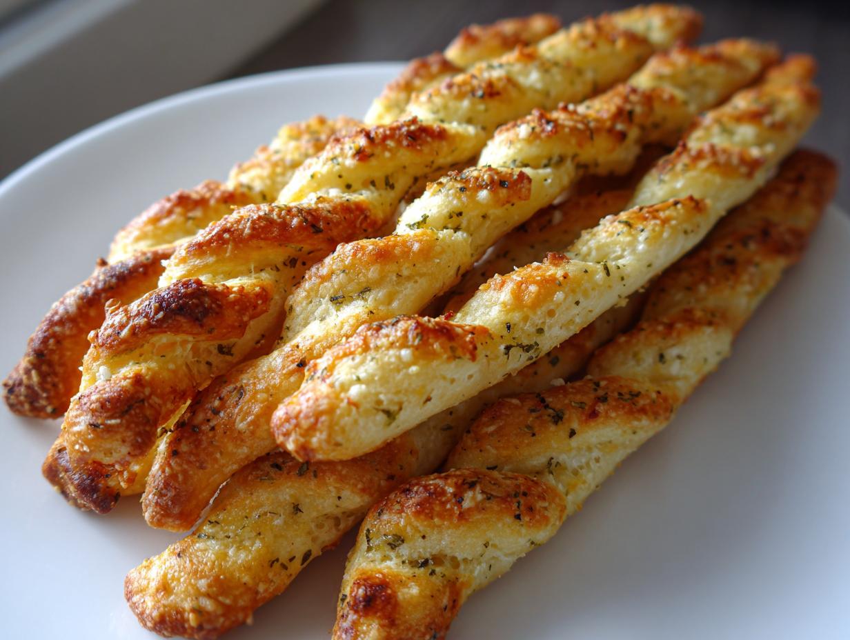 A close-up of several golden, twisted sourdough discard breadsticks seasoned with herbs and cheese, stacked on a white plate.