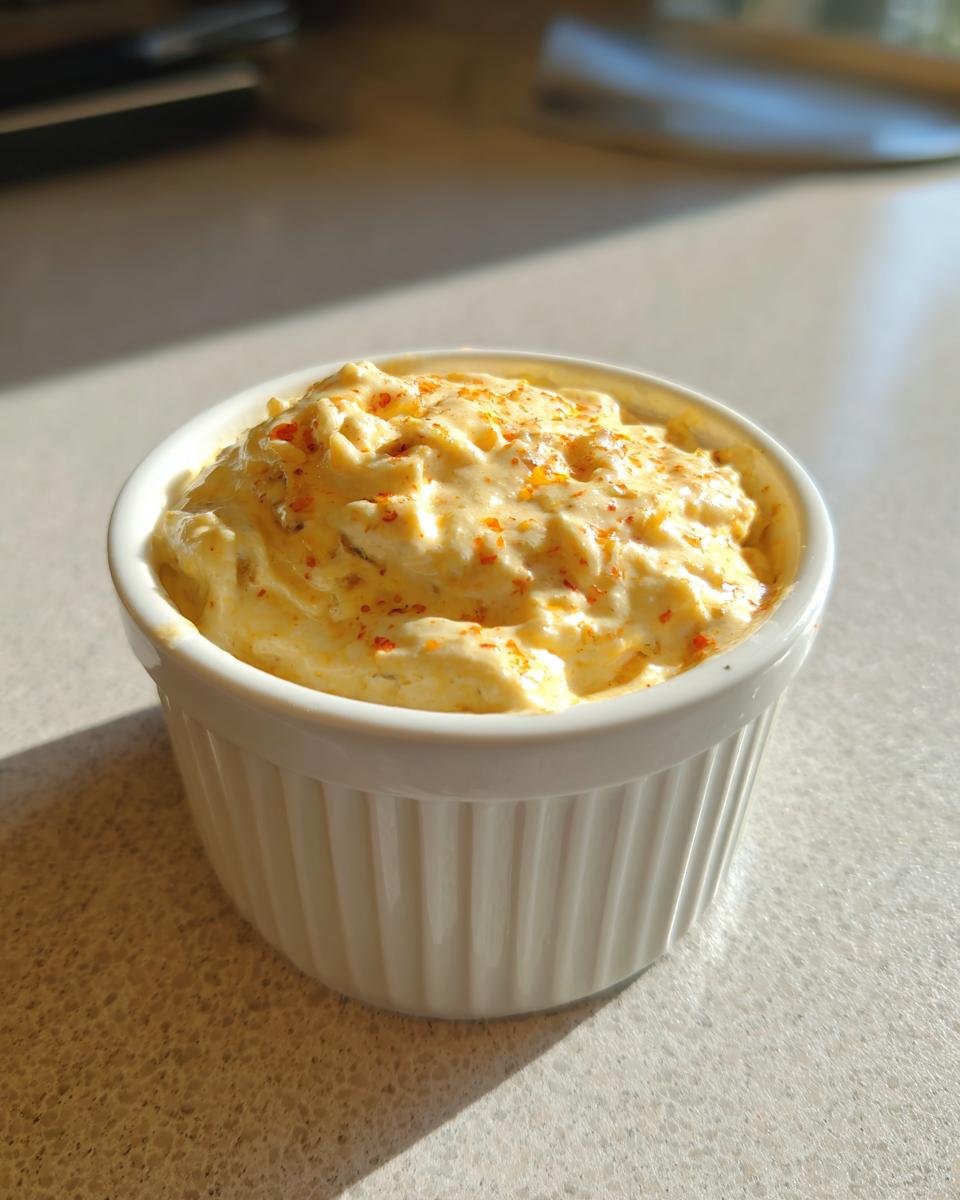 Thick, creamy spicy caesar dressing topped with red pepper flakes served in a small white ramekin.