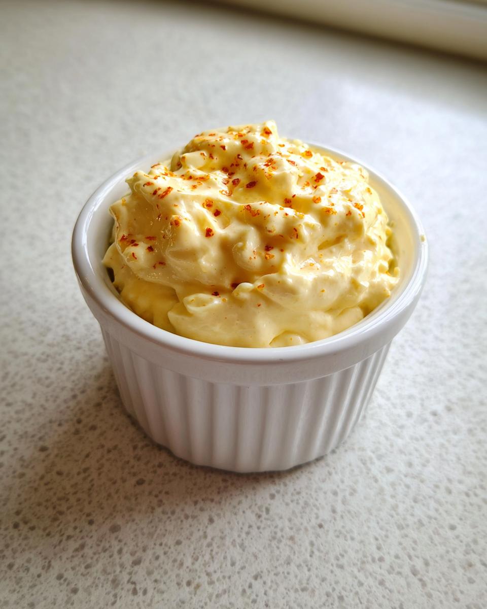 Thick, creamy yellow spicy caesar dressing topped with red pepper flakes in a small white ramekin.