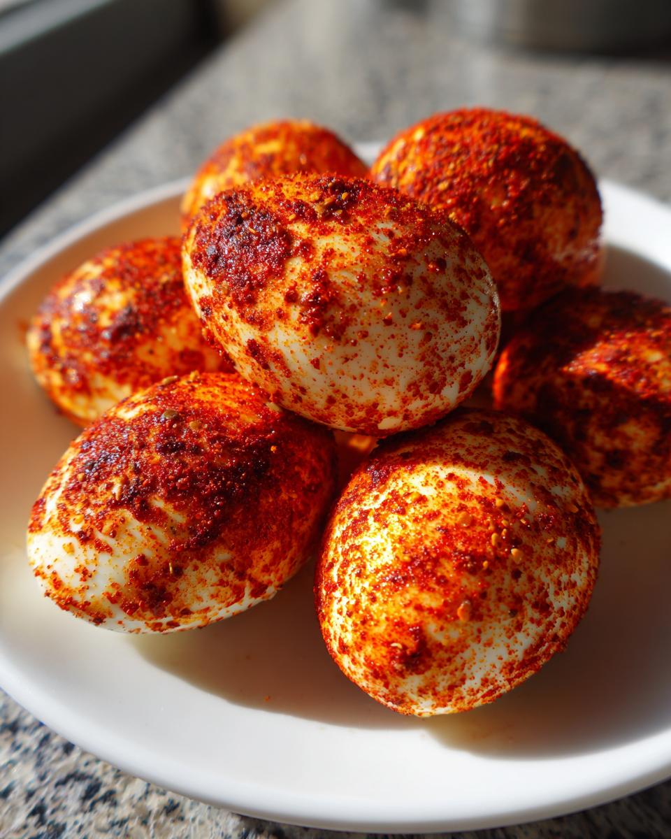 A close-up of several peeled, hard-boiled eggs generously coated in bright red Cajun seasoning, served on a white plate.
