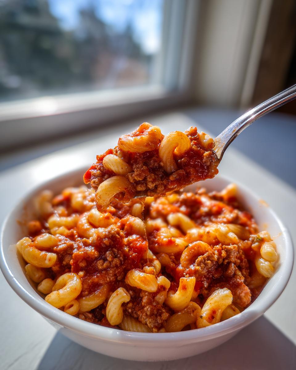A spoonful of rich, meaty American chop suey lifted above a white bowl of the pasta dish.