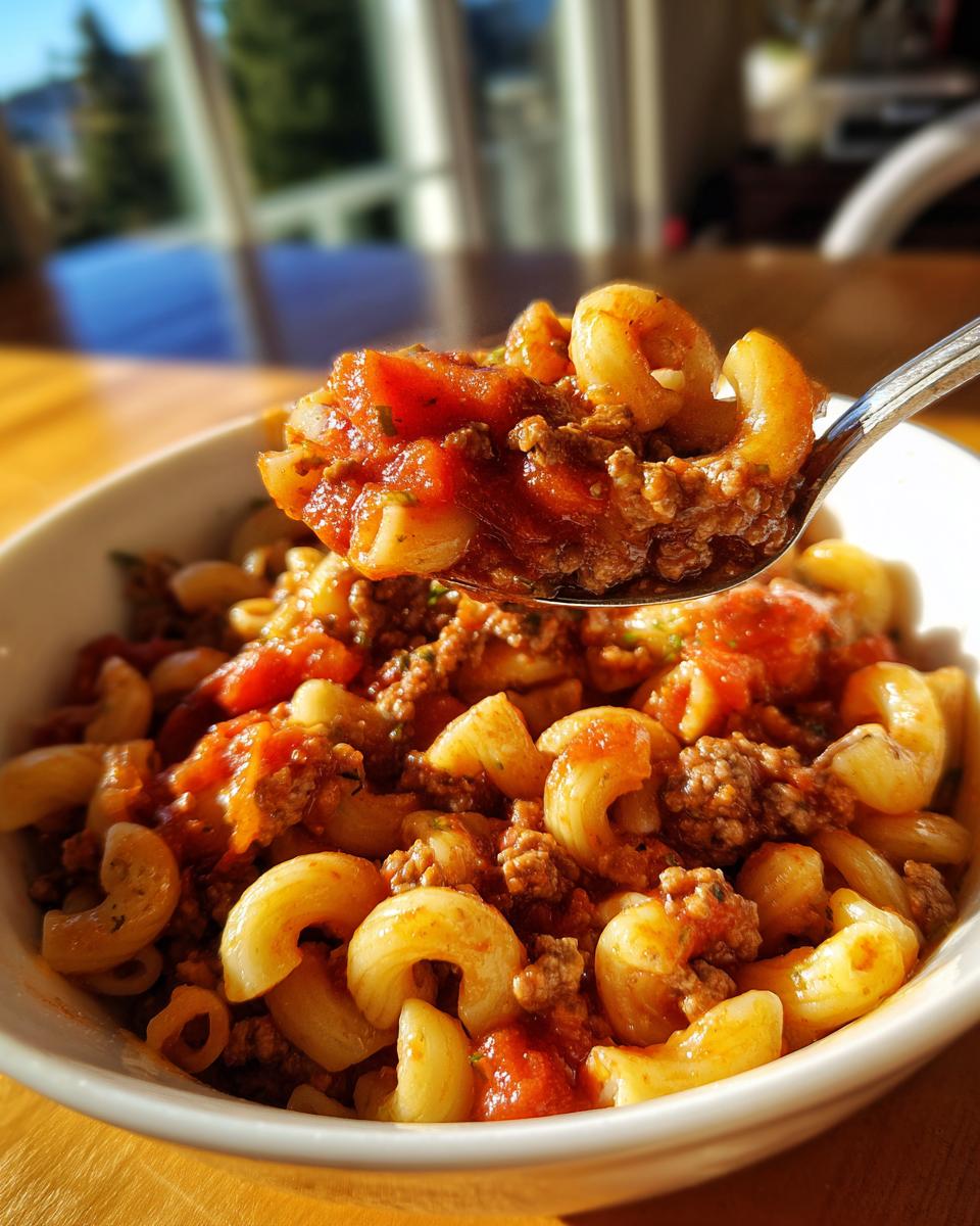 A spoonful of hearty american chop suey, featuring elbow macaroni, ground beef, and tomato sauce, lifted from a white bowl.