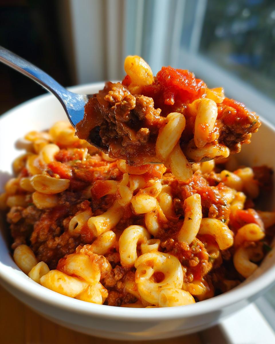 A spoonful of rich american chop suey, featuring elbow macaroni and ground meat in a tomato sauce, lifted from a white bowl.