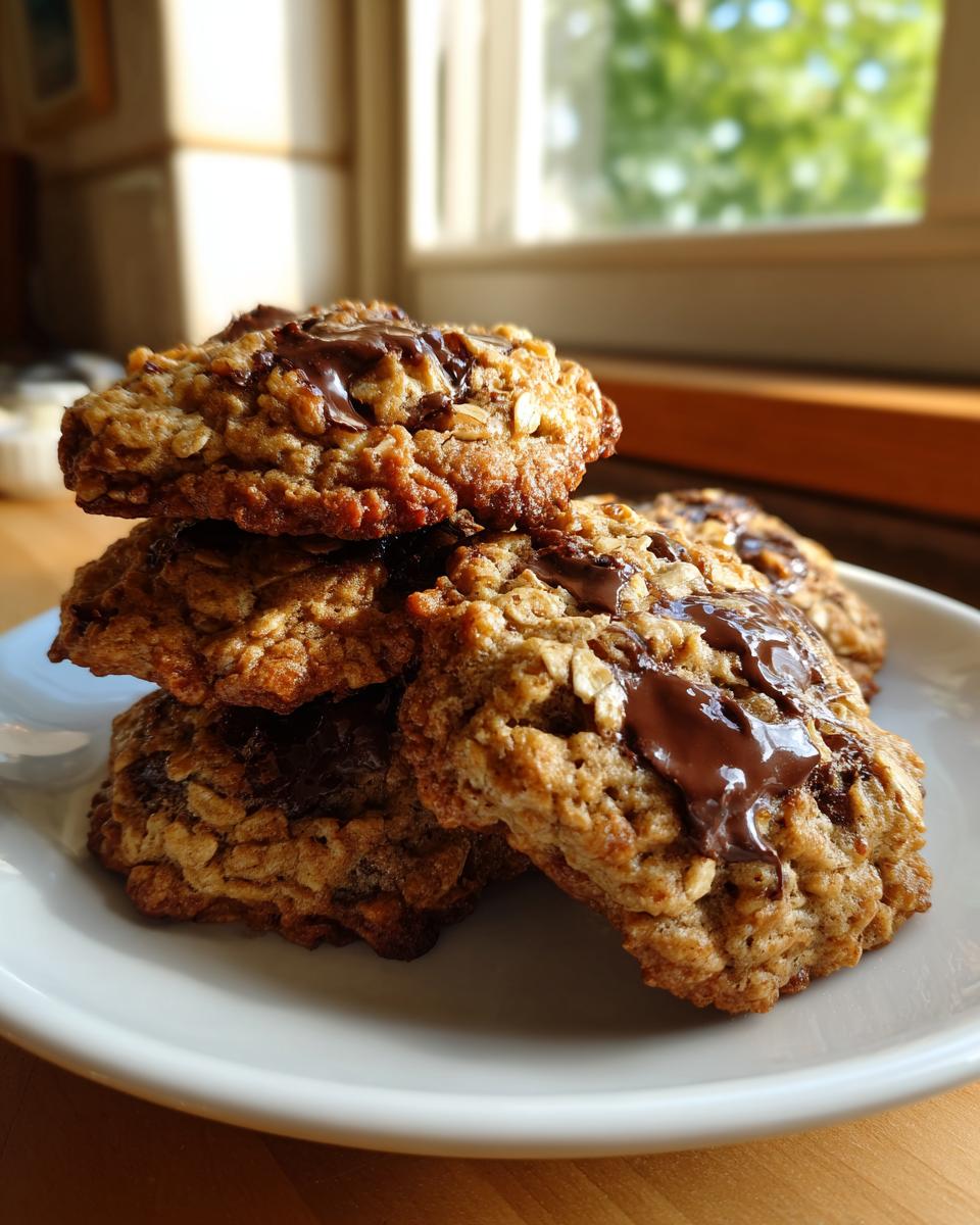 A stack of four freshly baked cowboy cookies piled on a white plate, featuring visible oats and melted chocolate chips.