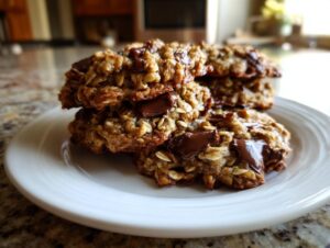A stack of three delicious cowboy cookies loaded with oats and melted chocolate chunks, resting on a white plate.