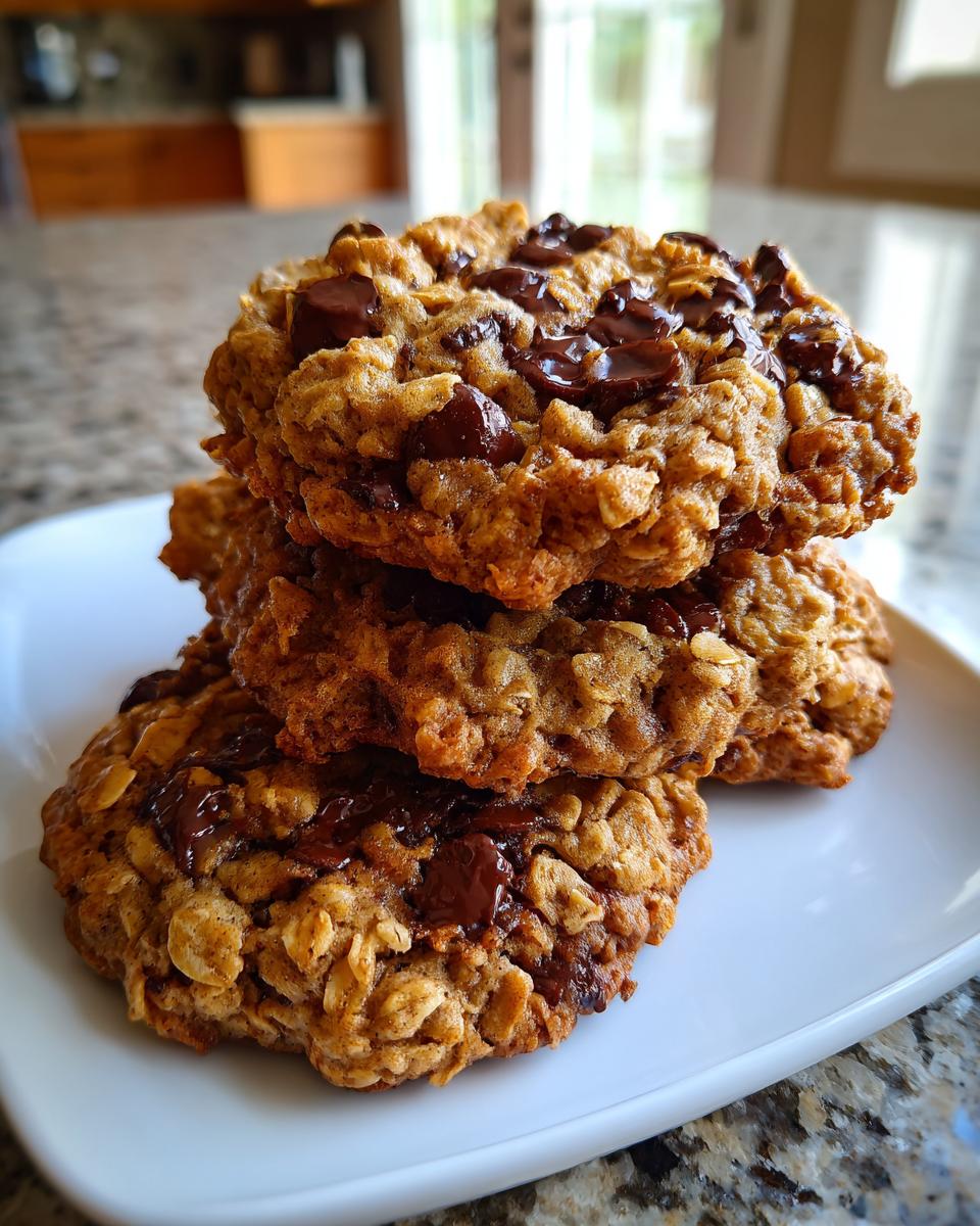 A stack of three thick, chewy cowboy cookies loaded with oats and melted chocolate chips on a white plate.