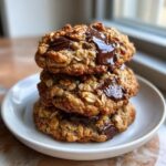 A stack of three fresh cowboy cookies featuring oats, nuts, and gooey, melted chocolate chips.