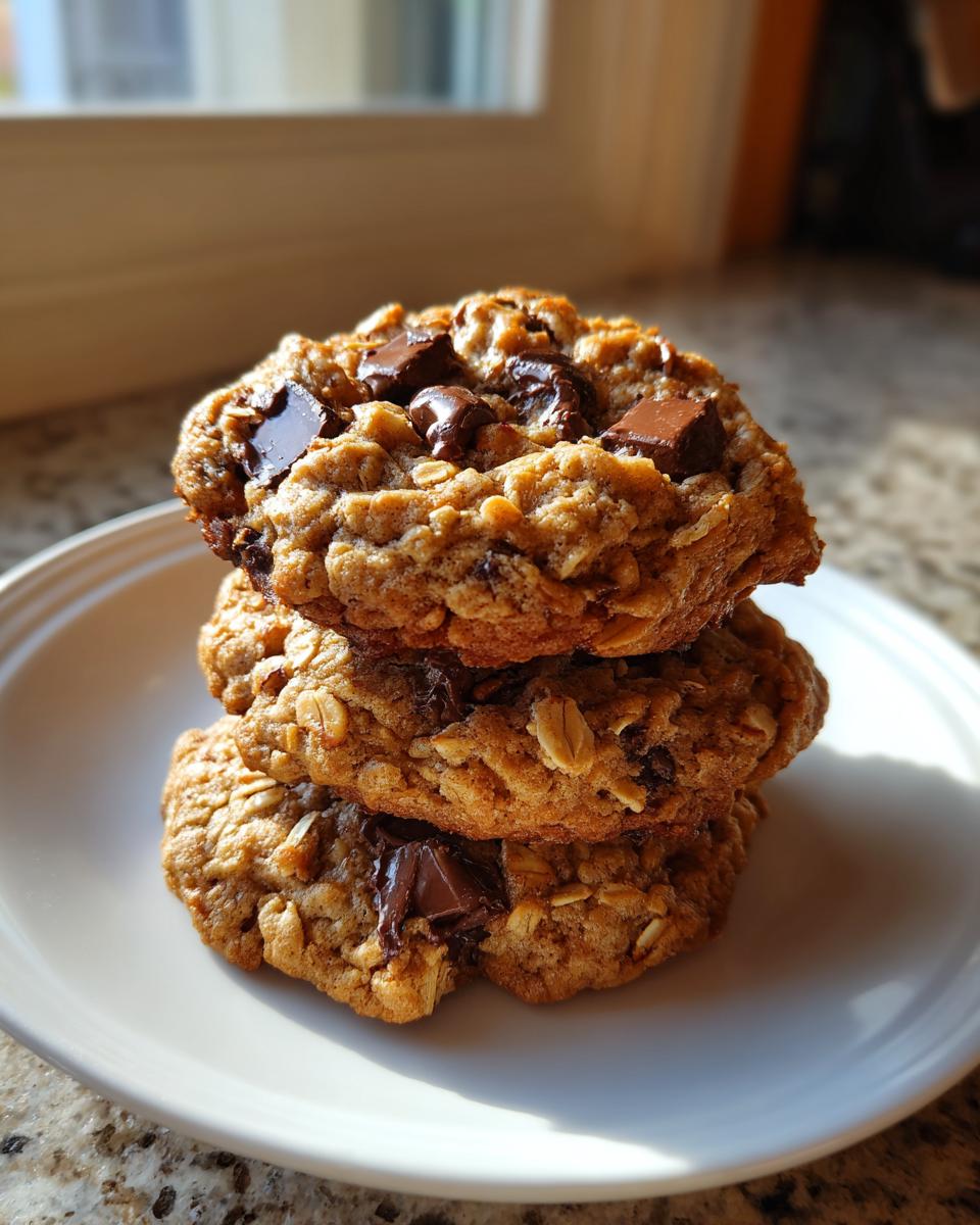 A stack of three thick, chewy cowboy cookies loaded with oats and melted chocolate chunks, sitting on a white plate.