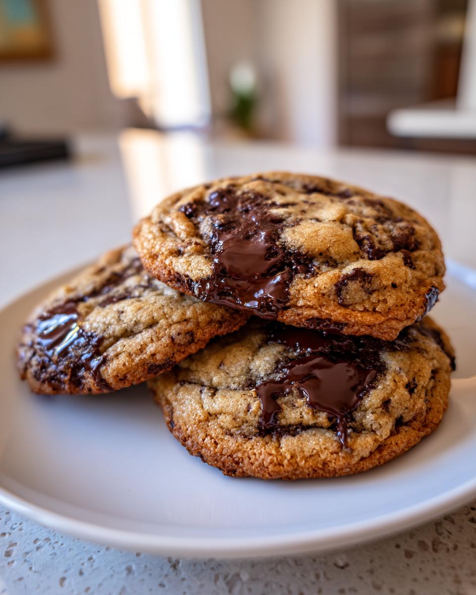 A stack of three gooey brown butter chocolate chip cookies with melted chocolate pools on a white plate.