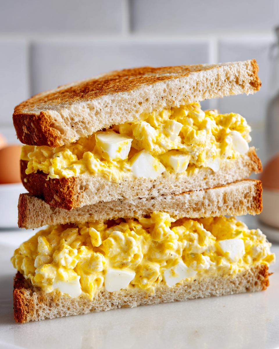 A tall stack of two halves of an egg salad sandwich made with creamy filling and chunks of egg on toasted whole wheat bread.