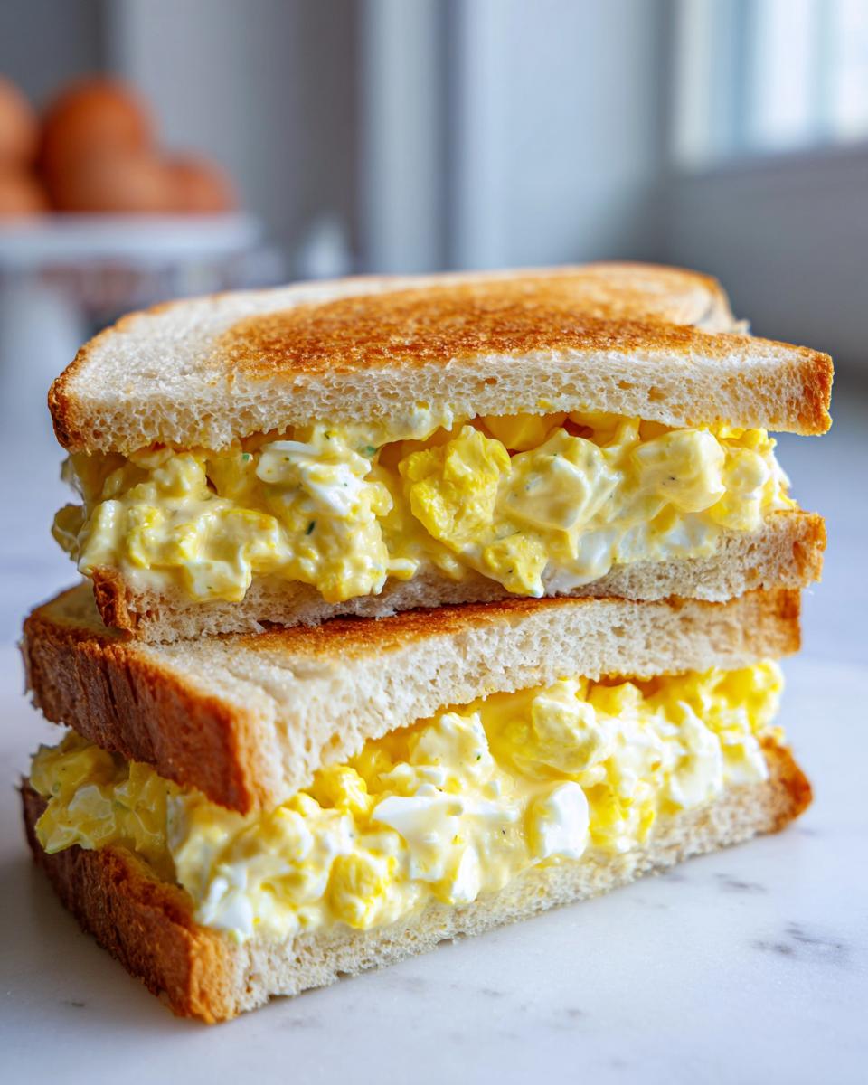 A thick, stacked egg salad sandwich cut in half, showing creamy filling between slices of lightly toasted white bread.